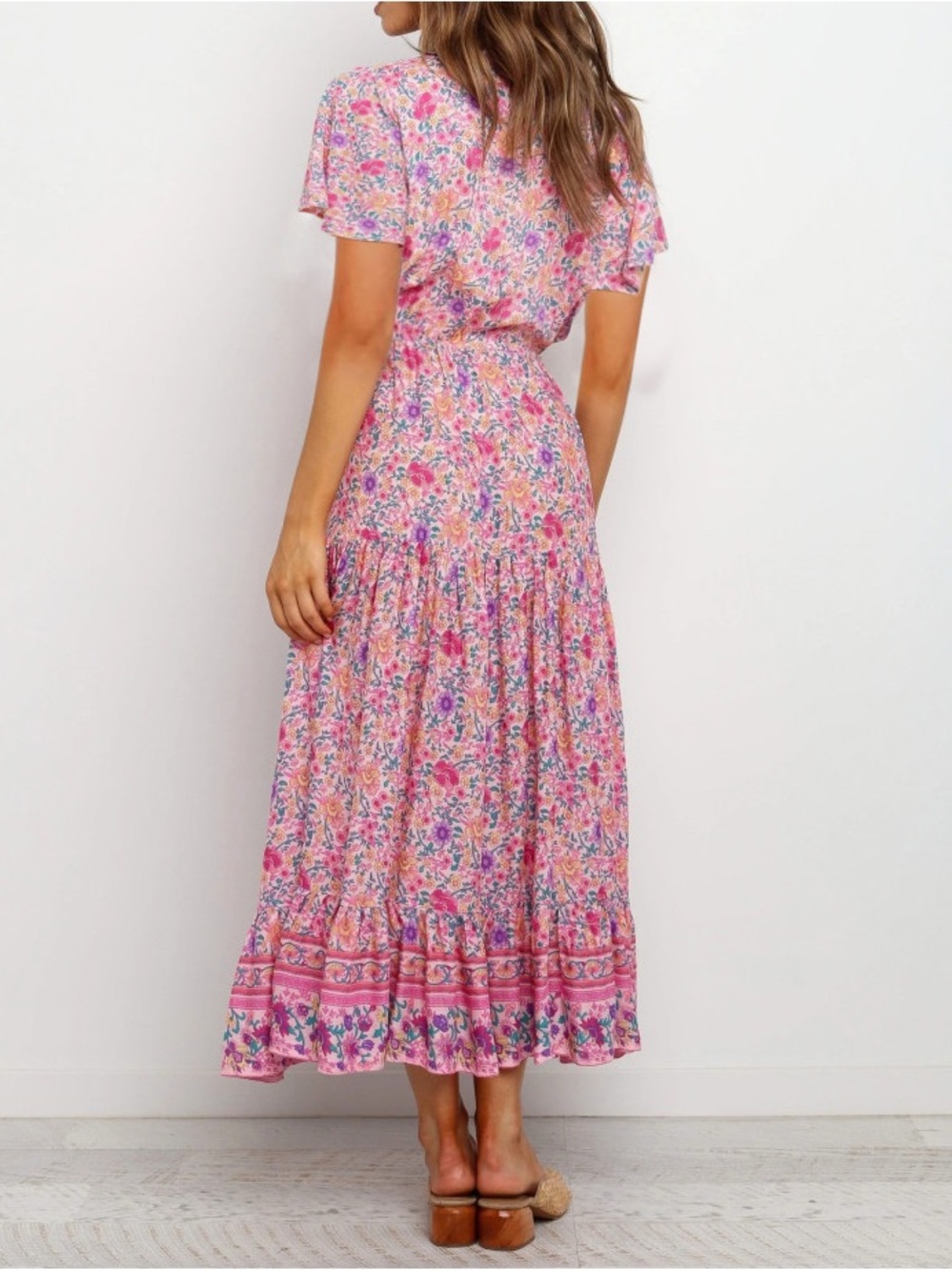 Pink Floral V-Neck Maxi Dress with Short Sleeves - Picture 13 of 16